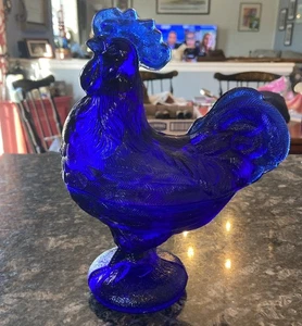 Cobalt Blue Glass Molded Rooster Hen Chicken Covered Lidded Candy Dish 8.5" Tall - Picture 1 of 12