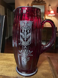 9.75"X4.25" New Martinsville Ruby Red Oscar Pitcher w/Silver Overlay Sterling - Picture 1 of 10