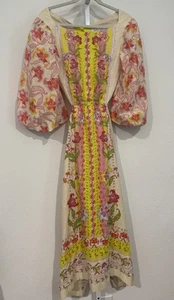 Saloni Neelam Leinen Maxikleid Puffärmel US 6 UVP $ 695 Aphrodite Bordüren - Bild 1 von 19