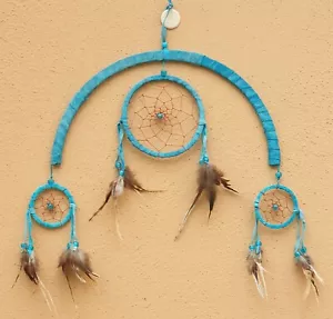 Uriger blauer Dreamcatcher Traumfänger Halbmond- Kreis +3 angehängten Catchern - Bild 1 von 5