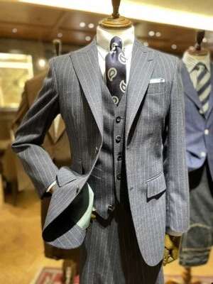 Hombres Traje Gris Rayas Mono Pecho Chaqueta Pico Solapa Negocios Boda Fiesta Foto 1 de 4