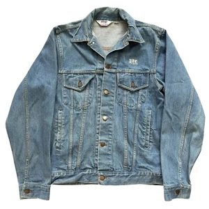 VTG MVP Cor Inc MILLER LITE Blue Denim Jean Jacket Distressed Men's Size Large - Picture 1 of 16