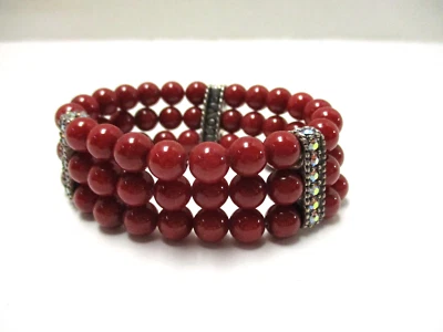 Kirks Folly 3 Strand Stretch Red Glass Bead Reversible Bracelet Rhinestones — 第 1/4 张图片