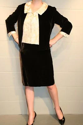 M Vtg  60s 3pc DRESS Suit Brown Velvet Gold Metallic Shell Pencil Skirt Jacket - Image 1 of 4