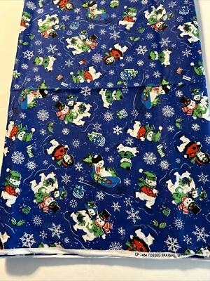 Retro Sewing Fabric Springs Blue Christmas Snowman Ice Skate Sled 3 Yards X 45” - Image 1 of 3