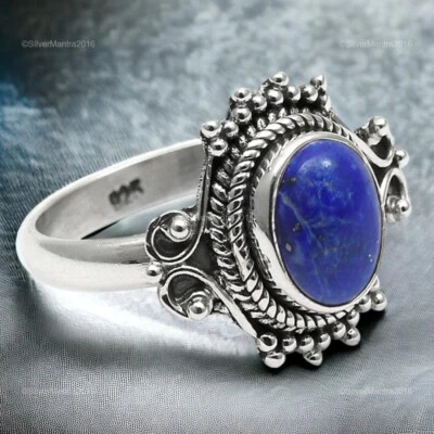 Lapislazzuli Gemma Argento Sterling a Mano Lunetta Anello Appariscente Misura 7 - Immagine 1 di 4