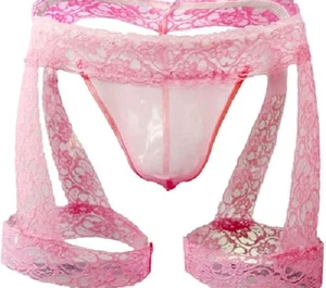 Men's Lingerie Underwear Lace Trim Thong Bulge Pouch G-String Bikini Thong Pink - Picture 1 of 3