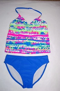 Girls TANKINI SET Two Piece Swimsuit BRIGHT BLUE Lime Green HOT PINK L 10-12 - Picture 1 of 2