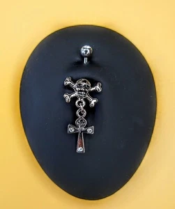 Gothic Skull and Cross Bones Drop Dangle Gem Cross Belly Button Ring Piercing - Picture 1 of 4