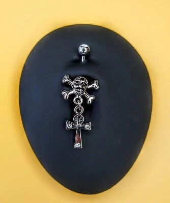 Gothic Skull and Cross Bones Drop Dangle Gem Cross Belly Button Ring Piercing - Image 1 of 4