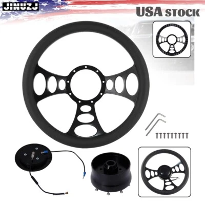 Black 14" 350mm Steering Wheel W/Half Wrap PVC+ 9-Bolt Adapter For Chevy GM - Image 1 of 4