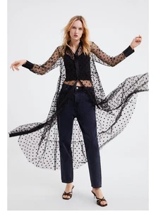Zara Kleid Gr. XL transparent gepunktet Staubtuch Tüll Maxi Duster schwarz Whimsygoth - Bild 1 von 13