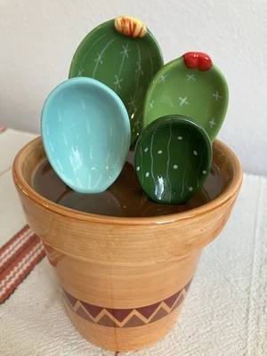 Cactus Measuring Pot Cup & Measuring Spoons Ceramic Set ONE CHIP ON HANDLE - Image 1 of 4