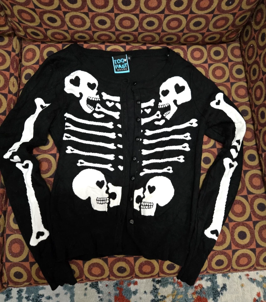 Too Fast Skull Skeleton Black White Cardigan Sweater Buttons Women's M Well Made - Image 1 of 4