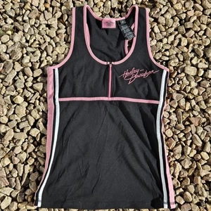 Harley Davidson Womens M Black Tank Top Quarter Zip Pink Logo Built In Bra - Picture 1 of 10