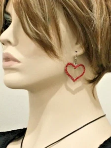 Large Heart Earrings- Handcrafted With Shiny Opaque Red Beads For Your Love - Picture 1 of 3