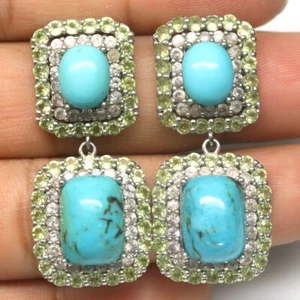 Piedra Azul Turquesa, Peridoto & Circonita Pendientes 925 Plata Oro Blanco - Imagen 1 de 4