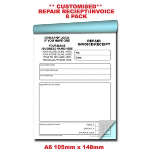 ** PERSONALISED** NCR REPAIR INVOICE/RECEIPT Duplicate Book A6 105 x 148mm 8PACK - Picture 1 of 4
