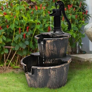 2 Tier Barrel Waterfall Fountain Barrel Water Fountain Pump Outdoor Garden - Picture 1 of 11