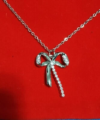 Collana argento Donna elegante pendente fiocco con strass- girocollo + omaggio - Immagine 1 di 3