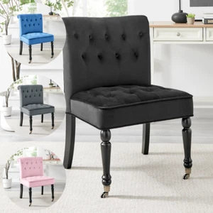 Button Back Chair Velvet Dining Home Office Make Up w/ Wooden Legs & Wheels - Picture 1 of 31