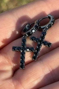 Moissanite Black Oxidized Simulated Drop Dangle Cross Earrings Gift For Her - Picture 1 of 4
