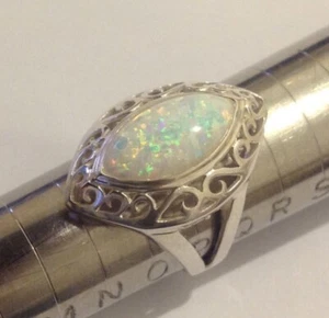 Big Marquise Fire Opal Statement Ring Sterling silver filigree openwork 8  P 1/2 - Picture 1 of 11