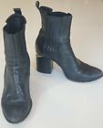 Vulcano Boots Size 8 Pull Up Ankle Boots Black Leather, Chunky Heel