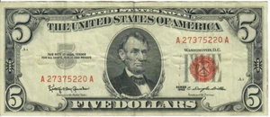 1963 5$ United States Note - Red Seal Right, KOG/CDD A27375220A - #13571 - Picture 1 of 2