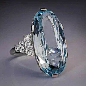 Antique Style 5Ct Created Oval Aquamarine Statement Ring 14K White Gold Finish - Picture 1 of 5