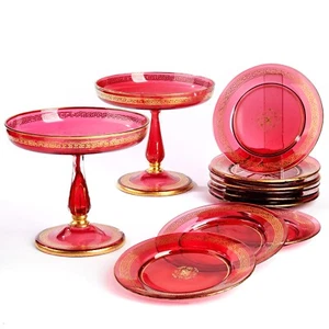 Suite De 10 Assiettes Et 2 Coupes à Fruits En Verre Rubis, Fin XIXème Siècle - Picture 1 of 14