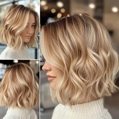 Balayage gold brown blonde Highlights Lace Front 100% Human Hair Wigs 10inch - Image 1 of 4