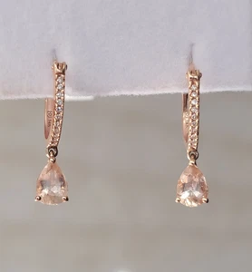14K Rose Gold Diamond Morganite Dangle Hinged Back Earrings - Picture 1 of 5