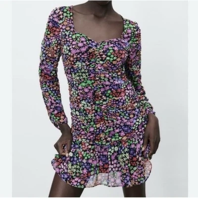 Zara Floral Print Draped Dress Long Sleeve Mini Ruched XS Colorful Ruffle V-Neck - Image 1 of 4