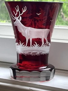 Antique Bohemian Ruby Red Deeply Etched Cut To Clear Stag Goblet Tumbler Glass. - Picture 1 of 15