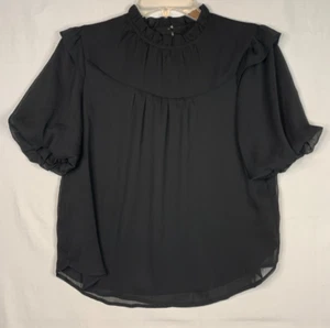 LOFT Womens Ruffle Neck Balloon Sleeve Top Petite S Black Whimsygoth Flowy NWT - Picture 1 of 11