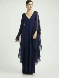 Marchesa Notte NEU Chiffon Perlen Schultern Maxikleid in Marine Größe 4 $ 1.100,00 - Bild 1 von 16