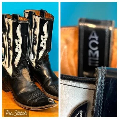 Botas de caubói vintage anos 50 ACME 6 B preto branco com designs de apliques - Imagem 1 de 4