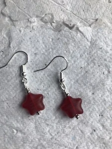 Handmade ~ Star Earrings ~ Dark Red ~ Czech Glass ~ Drop - Picture 1 of 3