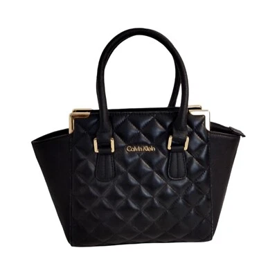 Calvin Klein Leather Satchel Shoulder Bag Black Quilted Leather Purse Gold Trim - Image 1 of 4