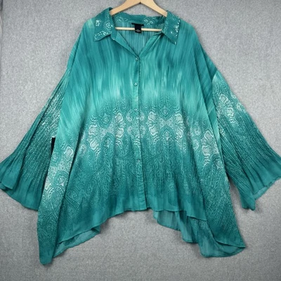 Liz & Me Platinum Collection Shirt Womens 4X 30/32W Teal Glitter Button Up Sheer - Image 1 of 4