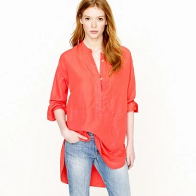 J Crew Womens Silk Linen Henley Tunic Top Blouse -  Red-Orange Salmon, Size XS - Image 1 of 4