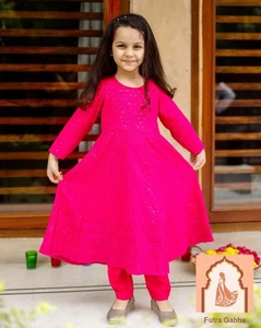 Pink Cotton Kids Anarkali with Pent & Potli - Chikankari & Gotta Work - Picture 1 of 7