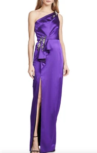 MARCHESA NOTTE EMBELLISHED ONE SHOULDER PURPLE SATIN COLUMN GOWN 14 - Picture 1 of 8