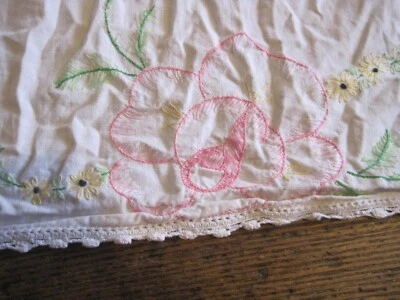 VTG PINK EMBROIDERED FLORAL W/CROCHET EDGING FULL Flat Sheet-HANDMADE-DEFECTS - Image 1 of 3