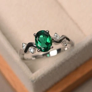 Emerald Oval Cut ring,Lab emerald ring,May birthstone, promise ring 925 Silver - Picture 1 of 4