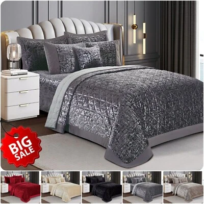 3 Piece Velvet Quilted Bedspread Bed Throw Luxury Bedding Set Double King Sizes - Image 1 of 4