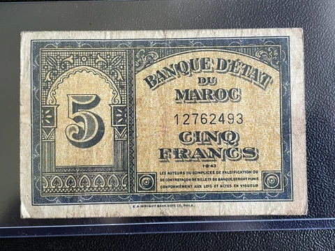 Morocco 1943 WWII First Issue 5 Francs - Banque D’Etat Du Maroc Paper Money Cover