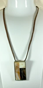 LIA SOPHIA Silver Tone MOP Abalone Pendant Necklace Brown Leather Cord Chain 22" - Picture 1 of 7