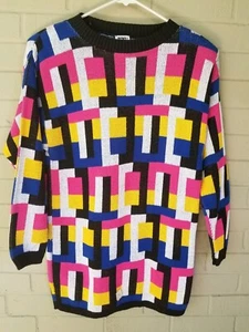 Vintage Abstract Colorful Geometric 80s Long Sweater Shoulder Pads SMALL New NWT - Picture 1 of 5